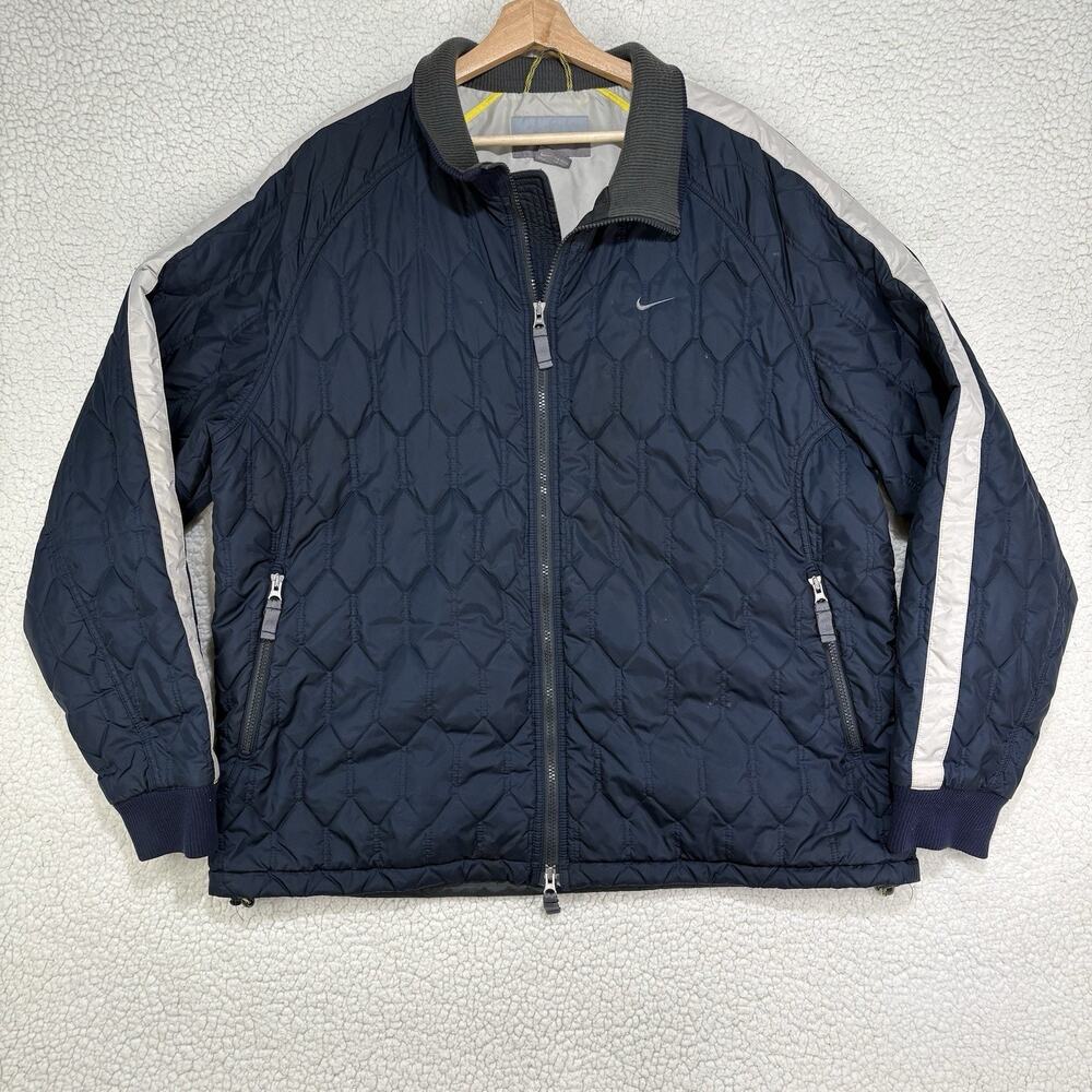 Vintage Nike Puffer Jacket Mens XXL Navy Grey Quilted Baggy Swoosh Silver Tag